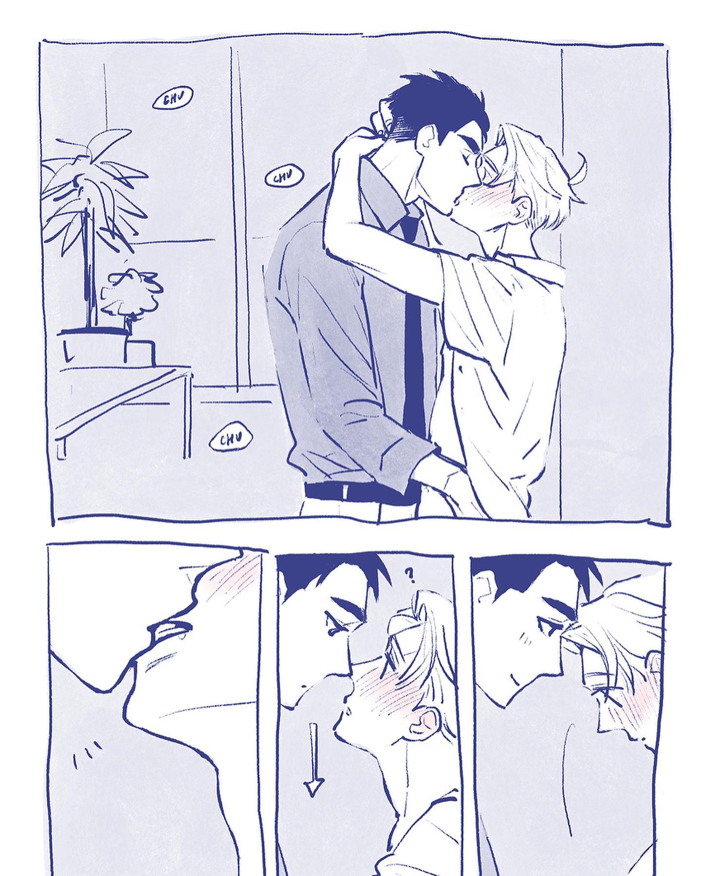 he image is a mangastyle illustration depicting a romantic scene between two young men. the first panel shows them kissing passionately in what appears to be an office setting, with a plant and desk visible in the background. subsequent panels show closeup views of their faces as they lean in for kisses, emphasizing the intimacy of the moment. the style is soft and delicate, using shades of blue to create a calm and romantic atmosphere. the overall mood is one of secret, sweet affection between the couple.