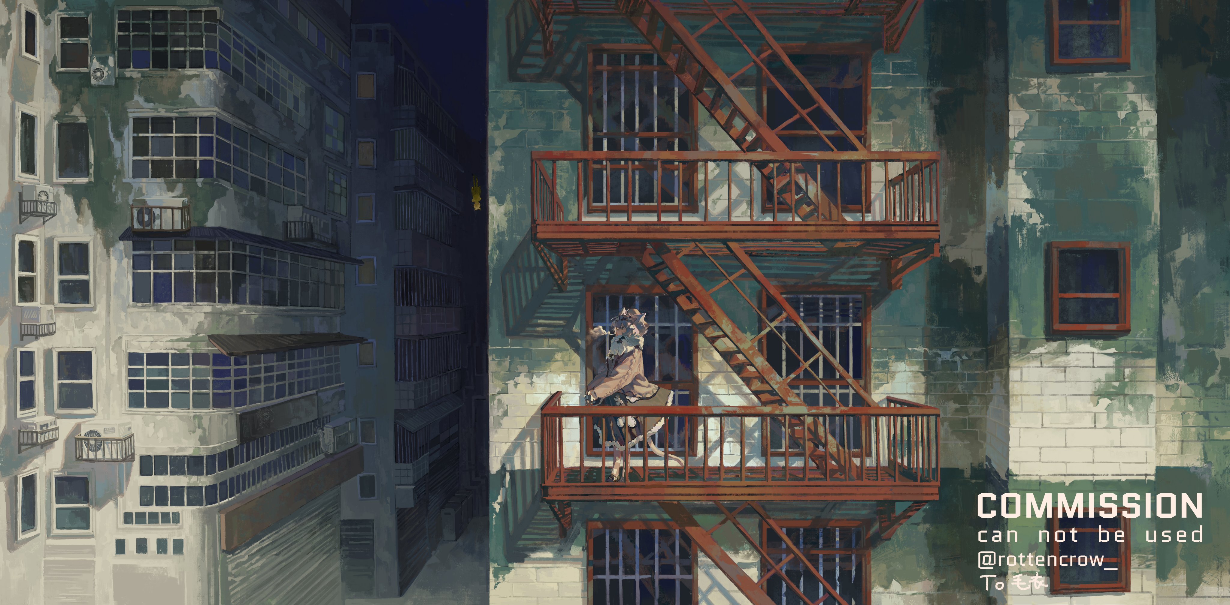 the image is a digital illustration depicting a fire escape on a building. it looks like an alleyway between two buildings, with an intricate fire escape leading up the righthand building. there is a small creature on the fire escape. the scene is set at night, as the building is dark and shadowy, with only a few lights visible. the creature appears to be a catlike creature, dressed in a blue shirt and dark fur. the image is full of atmosphere and detail, creating a sense of mystery and wonder.