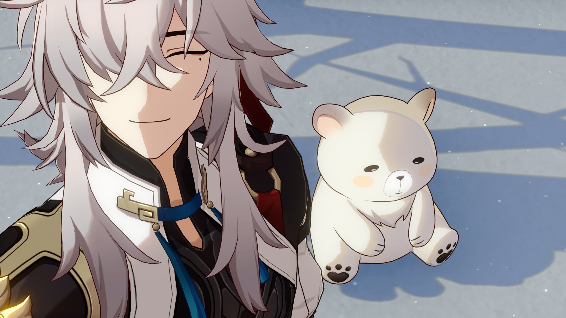 the image shows an anime character with white hair and blue eyes, wearing a black coat with gold and red trim. the character is smiling and has their eyes closed. there is a white bear sitting next to the character.  the character is looking down at the bear and the bear is looking up at the character.  the background is a white floor with a few shadows.