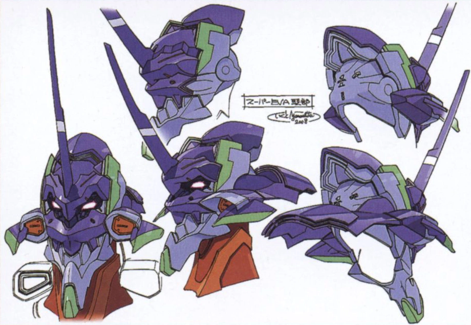 this is a concept art sketch of the eva01 robot from the anime neon genesis evangelion. there are five different angles of the robot's head, drawn in a line art style.