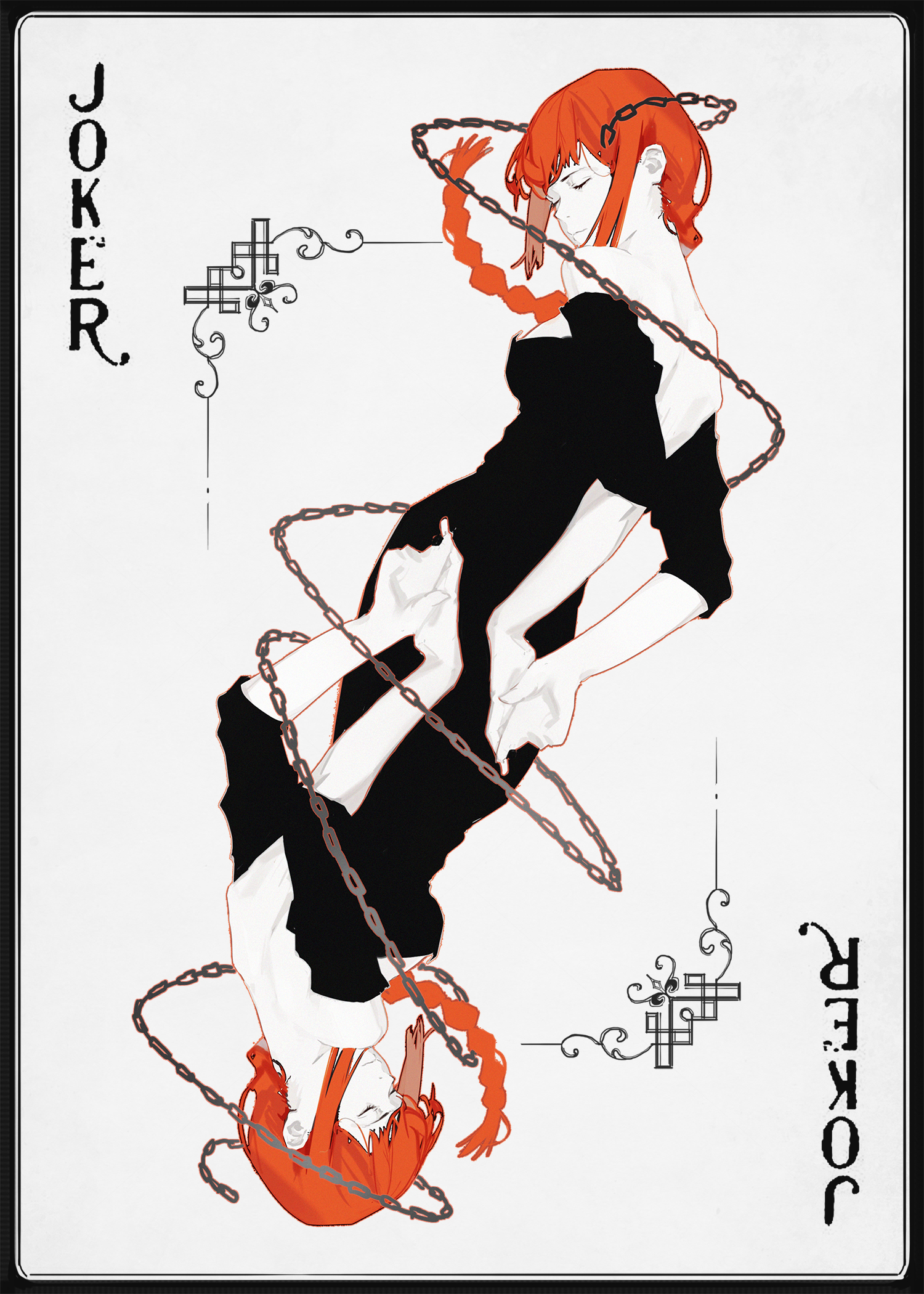 an illustration of a joker playing card. the joker is depicted as a woman with red hair, wearing a black dress and tied up by chains. the woman's face is partly obscured by the chains. the card is set against a white background. the card is surrounded by a black border. the words "joker" are printed in black letters on the top left and bottom right of the card.
