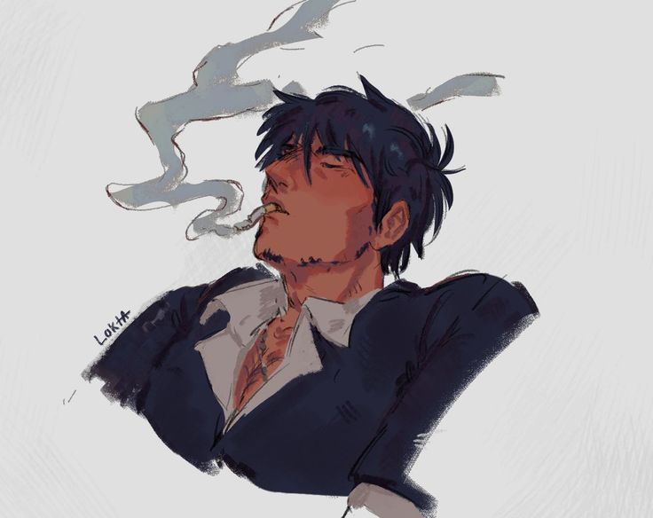a digital painting of a man with dark hair. he is wearing a suit jacket and a white shirt, but no tie. he is smoking a cigarette, looking at the viewer with his eyes closed. he looks cool and aloof. the background is white.  the art style is anime.