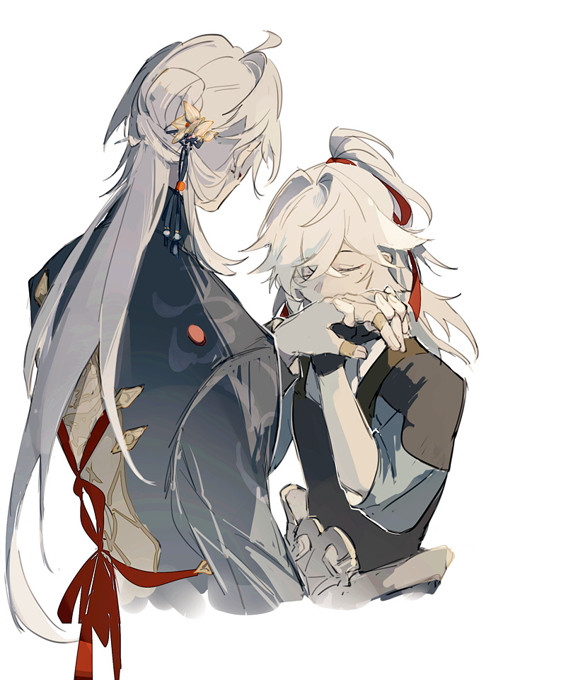 this illustration shows two anime males with long white hair. the one in the front is holding the other one's hand gently as if he's consoling him. their outfits are very detailed and realistic, while the background is simple and white. the overall feeling of the image is tender and emotional.