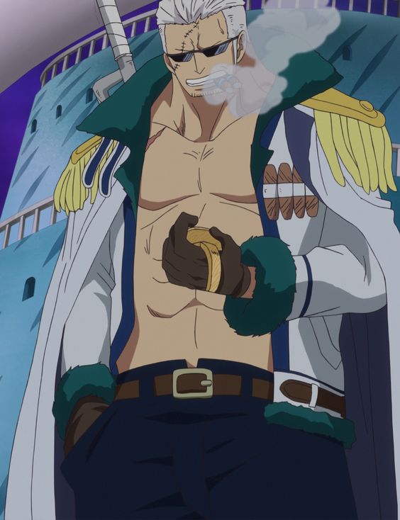 a man with gray hair, a scar over his left eye, and an eye patch covering his right eye smirks while holding a cigarette and lighter. he's wearing a white coat with gold trim over a bare chest and dark blue pants. the background suggests he's indoors within a tall building.