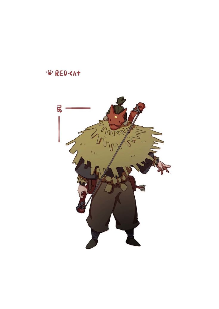 this is an illustration of an anime character wearing a red cat mask, a brown and green outfit, and carrying a weapon. he is drawn in a cartoon style and is standing on a white background.  the text in the top left corner is "redcat".