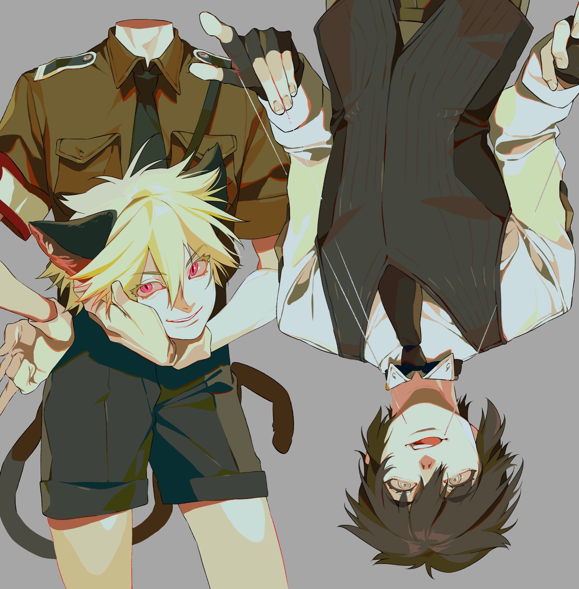 the image features two anime boys in a stylized art style. one boy has blonde hair, cat ears, red eyes, and a cat tail. he is wearing a black shirt and shorts. next to him is a headless man wearing a brown uniform with a black tie and red armband. above them both is an upside down boy with black hair wearing a white dress shirt, bowtie, and a striped black vest. a string comes from a pair of hands above them. the background is grey.