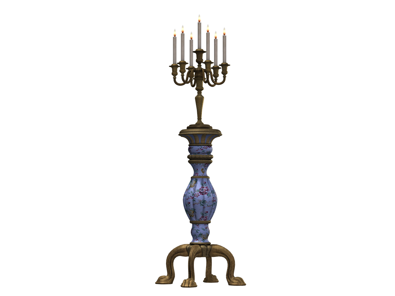 an image of a standing floor candelabra. the base is ornate and bronze colored with three curved feet. the post is blue with a floral pattern. the top part of the post is bronze with blue accents. the top is a bronze colored candelabra holding seven lit white candles. the background is black.