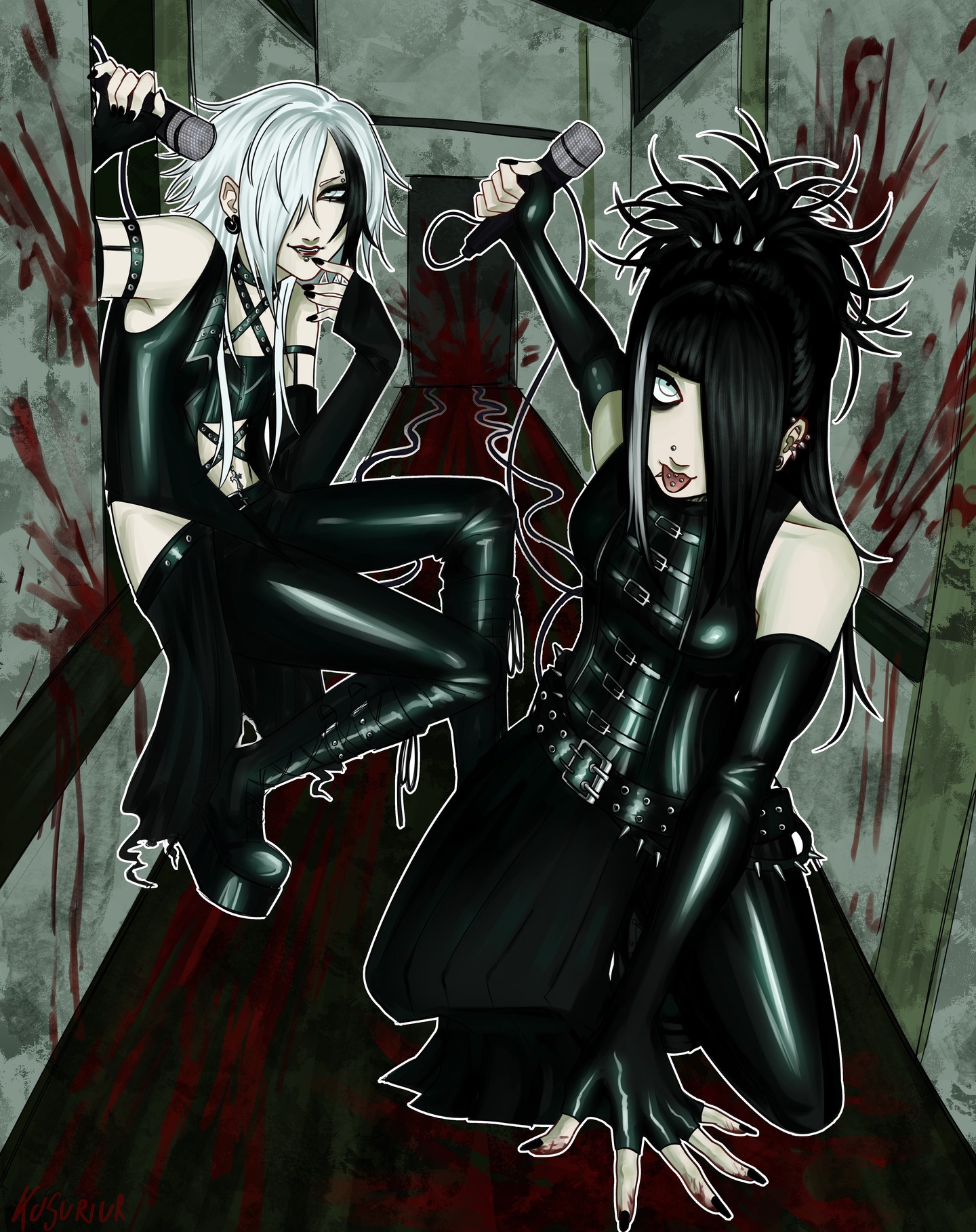 the image is an illustration of two women dressed in gothic fashion, positioned in a hallway splattered with blood. they each hold microphones and seem to be performing. the woman on the left, with white hair and a black eye patch, is midjump. the woman on the right, with black hair styled in spikes, crouches while singing. the overall ambiance is dark and edgy. the image utilizes a low angle perspective, and the hallway's converging lines draw the viewer's eye towards the back. the lighting appears artificial.