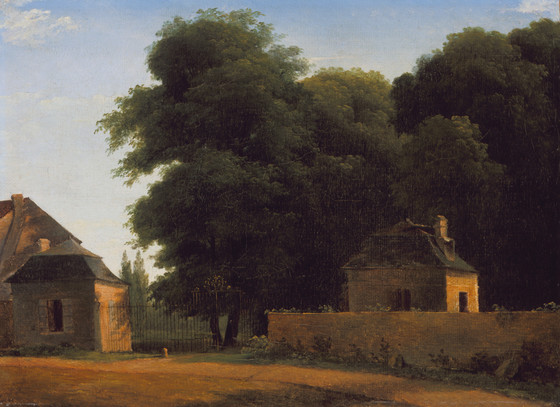 the image is a painting of a landscape scene. it features several buildings, including houses with distinct architectural details, set amidst lush greenery. large trees dominate the scene, framing the structures and obscuring parts of the sky. a wall and a gate can be seen, possibly serving as a boundary. a road or path runs through the foreground. the overall impression is that of a serene, rural environment captured in a classical style.