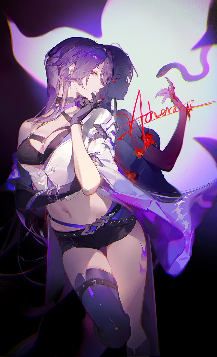 an illustration featuring a fairskinned woman with purple hair and red eyes. she is wearing a revealing outfit including a black bra, white top, black shorts, gloves, and garter belt. she is standing with her hand on her chin, next to a shadowy figure with a snake and the word "achernar" written in red. the background includes abstract shapes and lighting.
