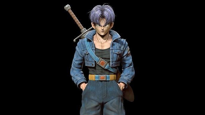 the image is a detailed 3d render or digital painting of future trunks from the dragon ball franchise. he is depicted in his signature denim jacket and pants, a sword strapped to his back. his expression is serious and intense. the background is plain black, focusing attention on the character. the style blends elements of anime and cyberpunk aesthetics. the high level of detail in the rendering highlights the texture of his clothing and the sharpness of his features.
