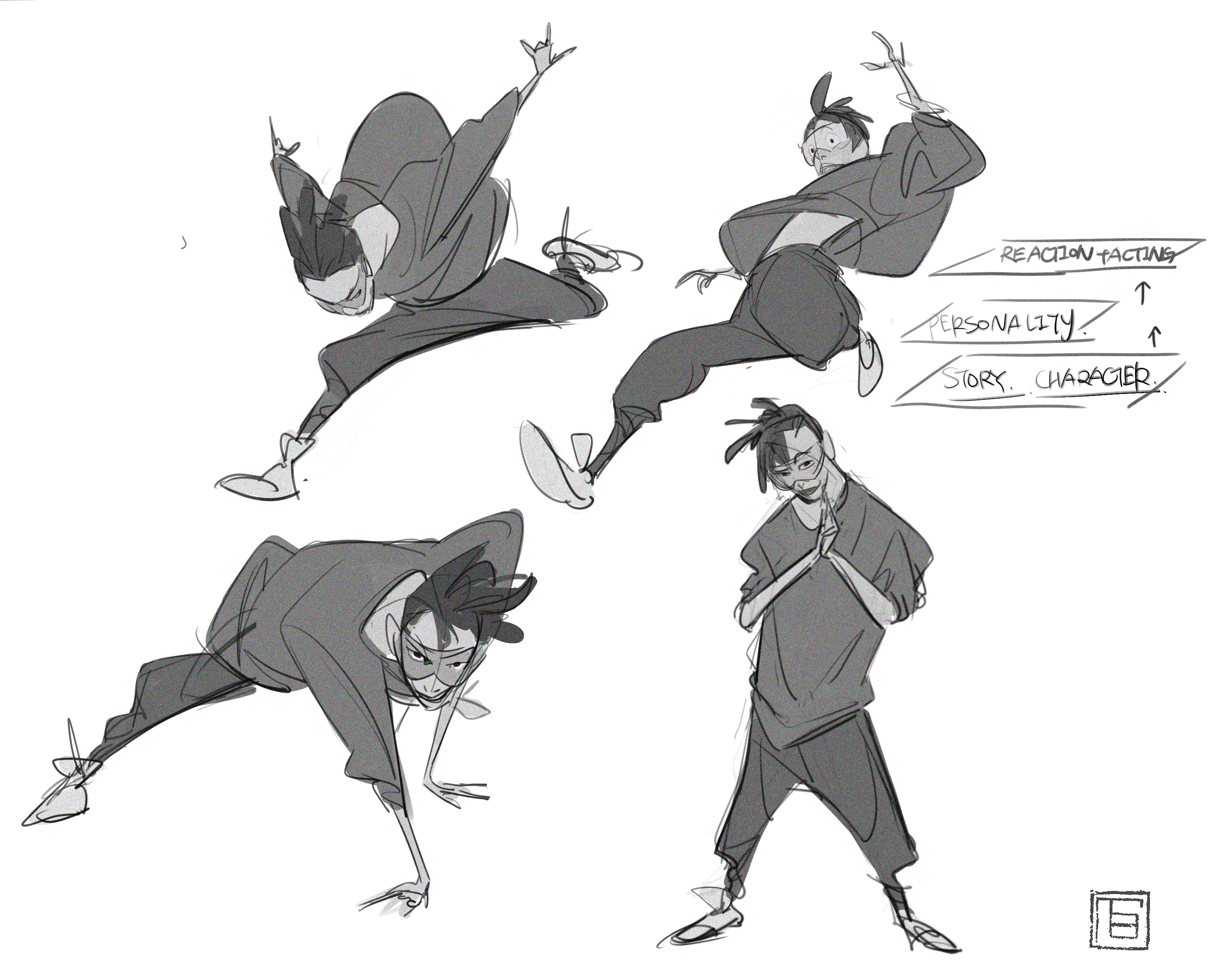 the image presents four dynamic sketches of a young adult male character, likely for an animation project.  the sketches showcase a range of poses, demonstrating movement and different emotional expressions.  the poses vary from energetic leaps and acrobatic stances to a more contemplative, handsclasped pose. the character's style leans toward a casual streetwear aesthetic.  annotations alongside one sketch indicate a focus on the character's reaction, personality, story, and character development within the potential project. the overall style is loose and expressive, characteristic of concept art and character design work. the sketches are rendered in grayscale, enhancing their expressive quality.