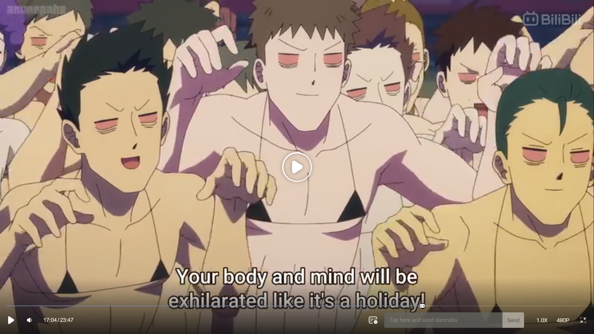the image is a screenshot from an anime featuring a crowd of men wearing  bikinis and enjoying a pool party. the men have exaggerated expressions of exhaustion and bliss, with closed eyes and open mouths. the caption reads, "your body and mind will be exhilarated like it's a holiday!", suggesting the scene depicts a state of extreme relaxation and enjoyment. the color palette is bright and vibrant, with a focus on blues and whites.