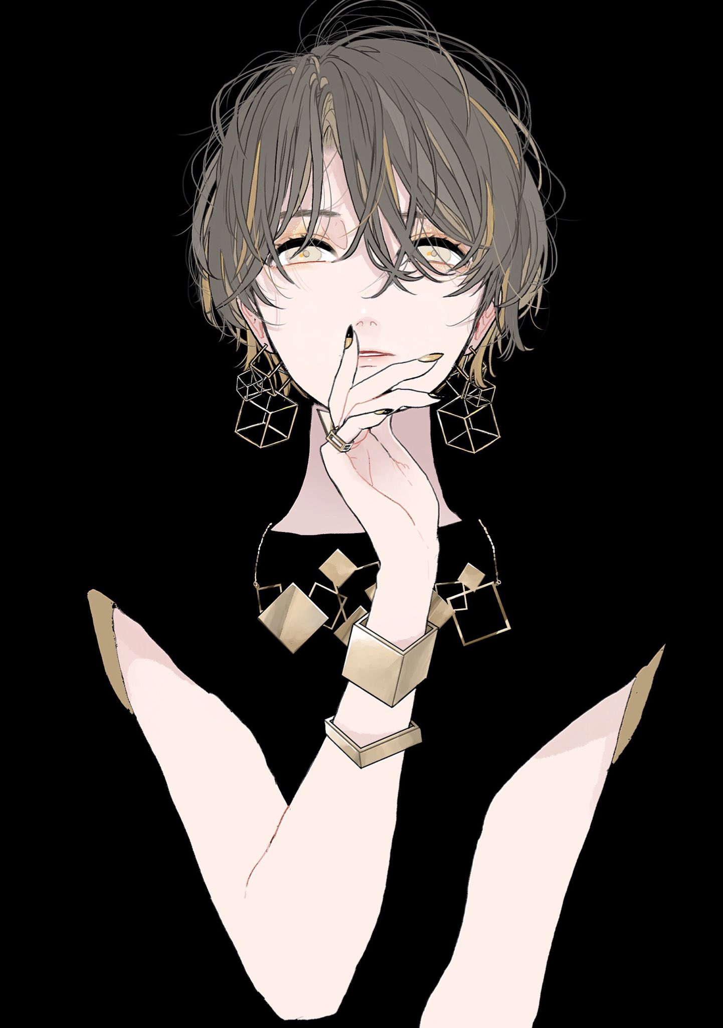 an anime illustration of a woman with short, layered gray hair with gold highlights. she has goldcolored eyes and is wearing gold jewelry, including cubeshaped earrings, a ring on her finger, and two cube bracelets on her arm. she is wearing a black shirt with gold square decorations on the neckline. her nails are painted gold. she has her hand up to her chin and is looking thoughtfully. the background is black.