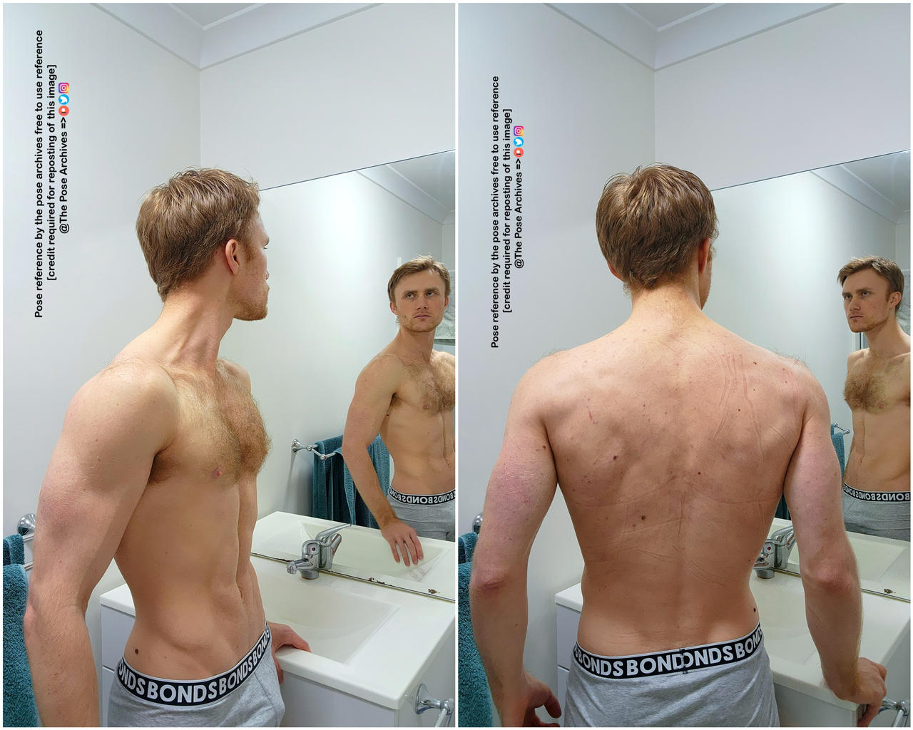 the image is a collage of two mirror selfies of a young adult male in his bathroom. he's wearing underwear, showing off his physique. the bathroom is simple with light walls and a sink. the lighting is bright, coming from indoor sources, likely overhead lights. the overall mood is casual and personal, like a snapshot from everyday life.