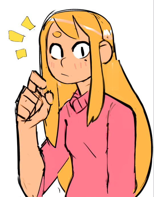 a cartoon of a happy blonde girl with pink cheeks smiling excitedly.  she has her fist clenched and is wearing a pink sweater.  she is looking to the left of the image and it seems like she's about to say something.
