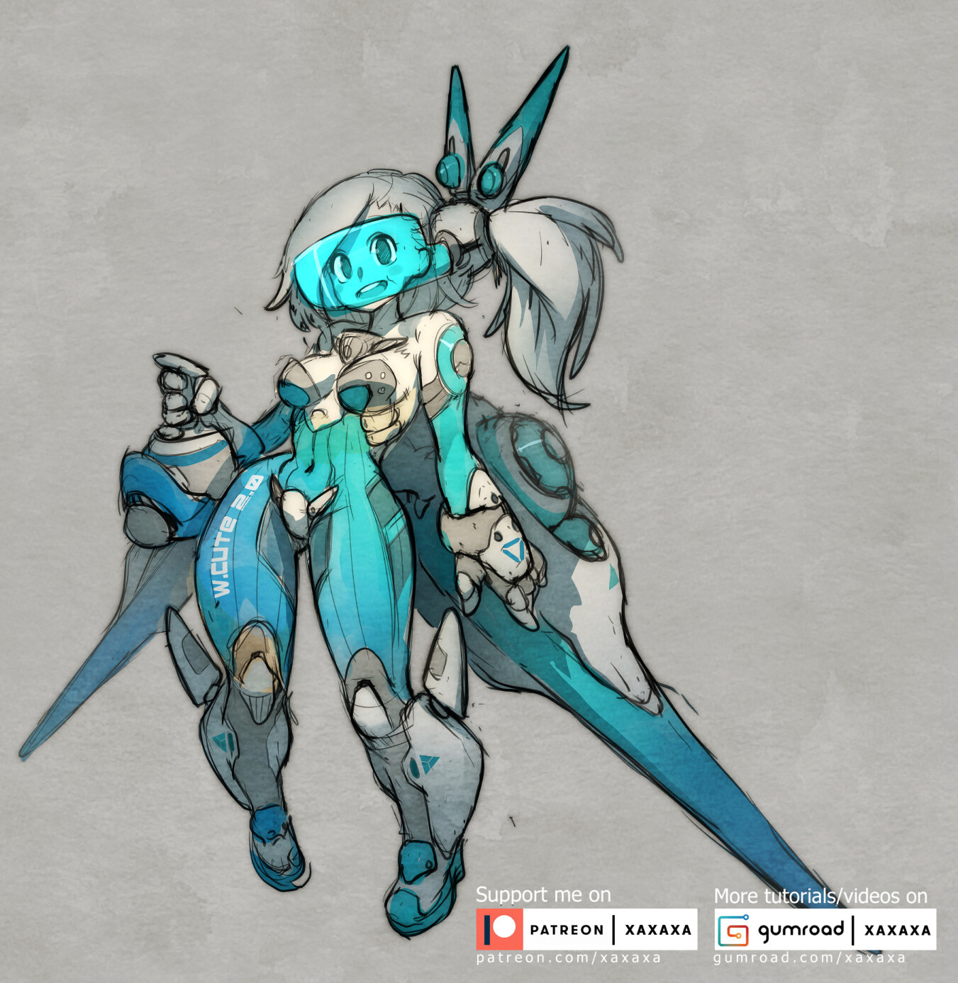 this is a digital illustration of a cute anime girl in a mech suit with a large weapon on her arm and a glowing visor, drawn in a futuristic, science fiction style.  the image is drawn with a line art and watercolor technique to make the image look like it's drawn on paper.  the background of the image is a gray textured color and is blurred, giving the focus on the character.