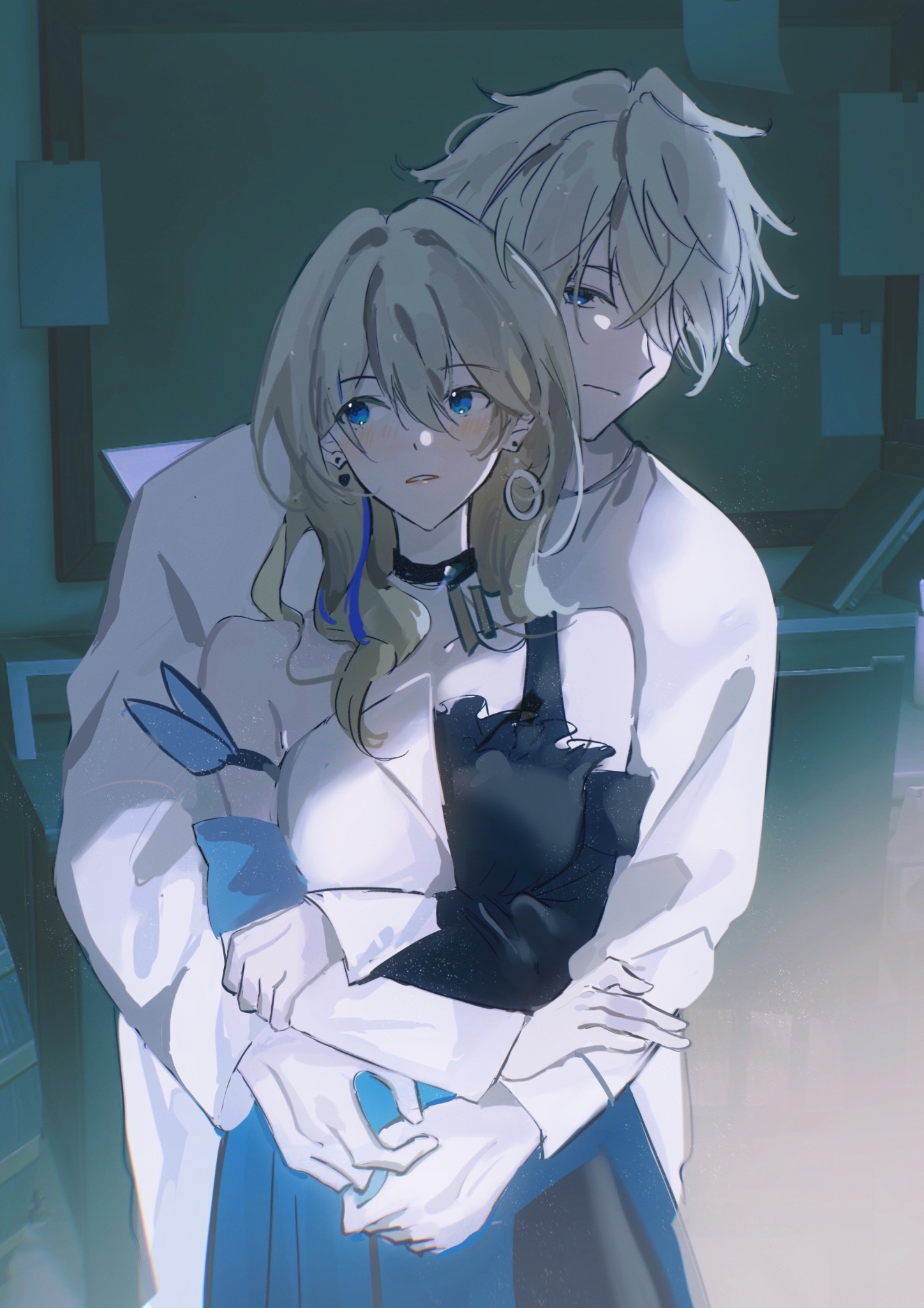an anime couple is hugging in a hallway. the girl has long blonde hair and is wearing a white shirt, while the boy has short white hair and is also wearing a white shirt. both are holding onto each other with a soft and gentle expression, creating a heartwarming and romantic scene. the art style is soft and dreamy, with a focus on color and light.