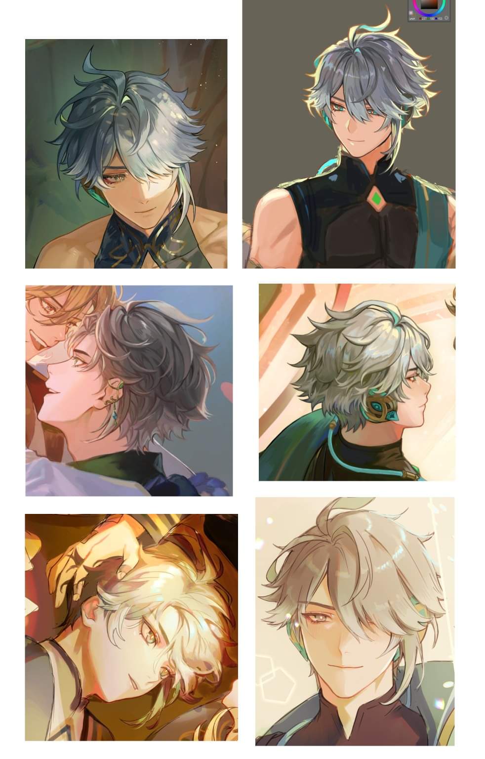this image is a collection of portraits of anime characters, specifically the same character in various poses and styles. each portrait features a young man with long, silverblue hair and striking features. the style of the artwork is anime, with vibrant colors and dynamic lines.