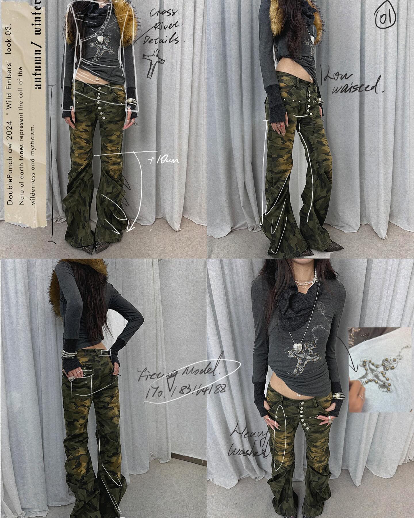 the image is a fashion lookbook showcasing a doublepunch aw2024 collection piece.  it features a model wearing a charcoal grey longsleeved top and camouflage flared pants. the pants are described as lowwaisted and heavywashed.  the lookbook includes several sketches and annotations providing design details such as "cross river details", measurements of the model (170, 83, 64, 88), and styling notes. the overall aesthetic is dark, mystical, and inspired by natural elements. multiple views of the model showcase the garment from different angles.  the image is styled against a neutral background, emphasizing the clothing's details.