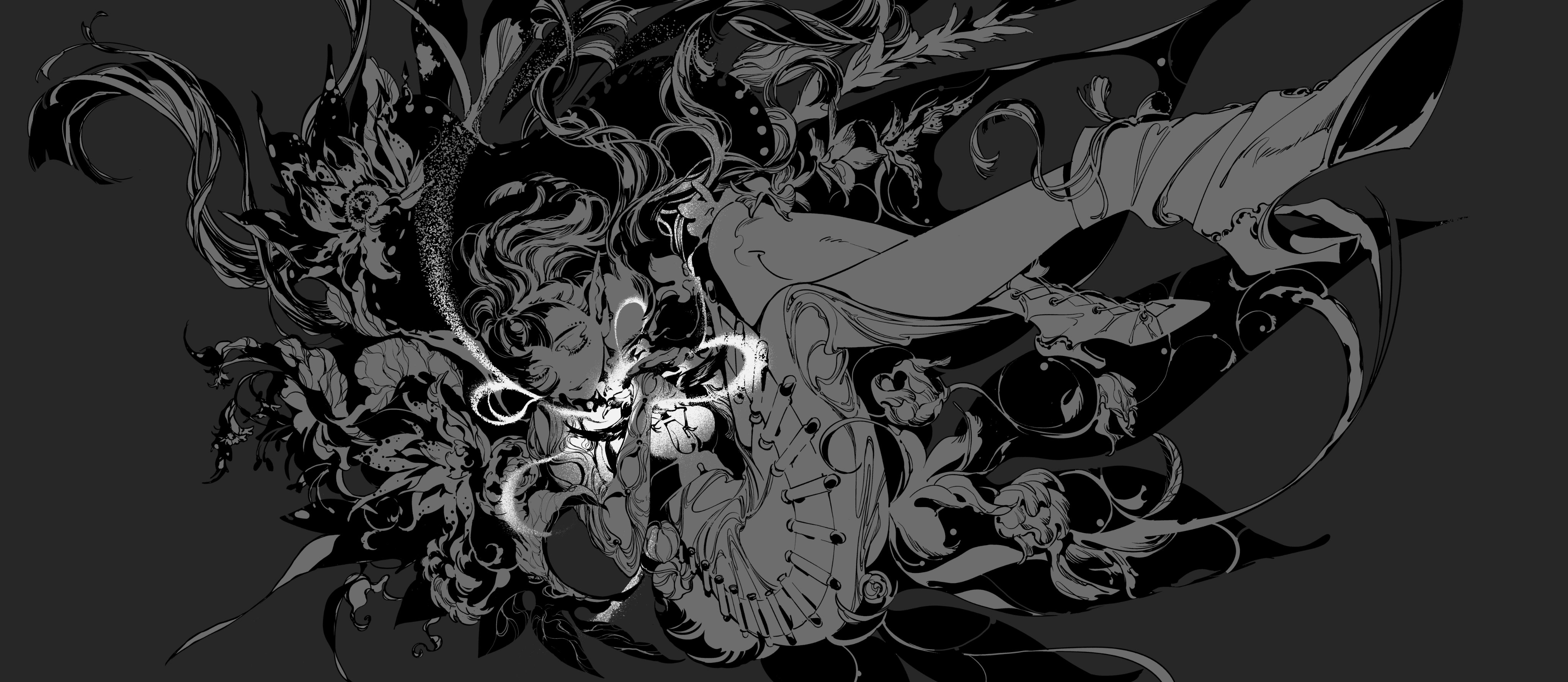 a black and white illustration of a woman with long, flowing hair in a dramatic pose. she is surrounded by intricate, floral patterns that are rendered in a dark, gothic style. the woman is wearing stylish footwear and appears to be gazing out of the picture. the overall tone of the image is elegant and mysterious.
