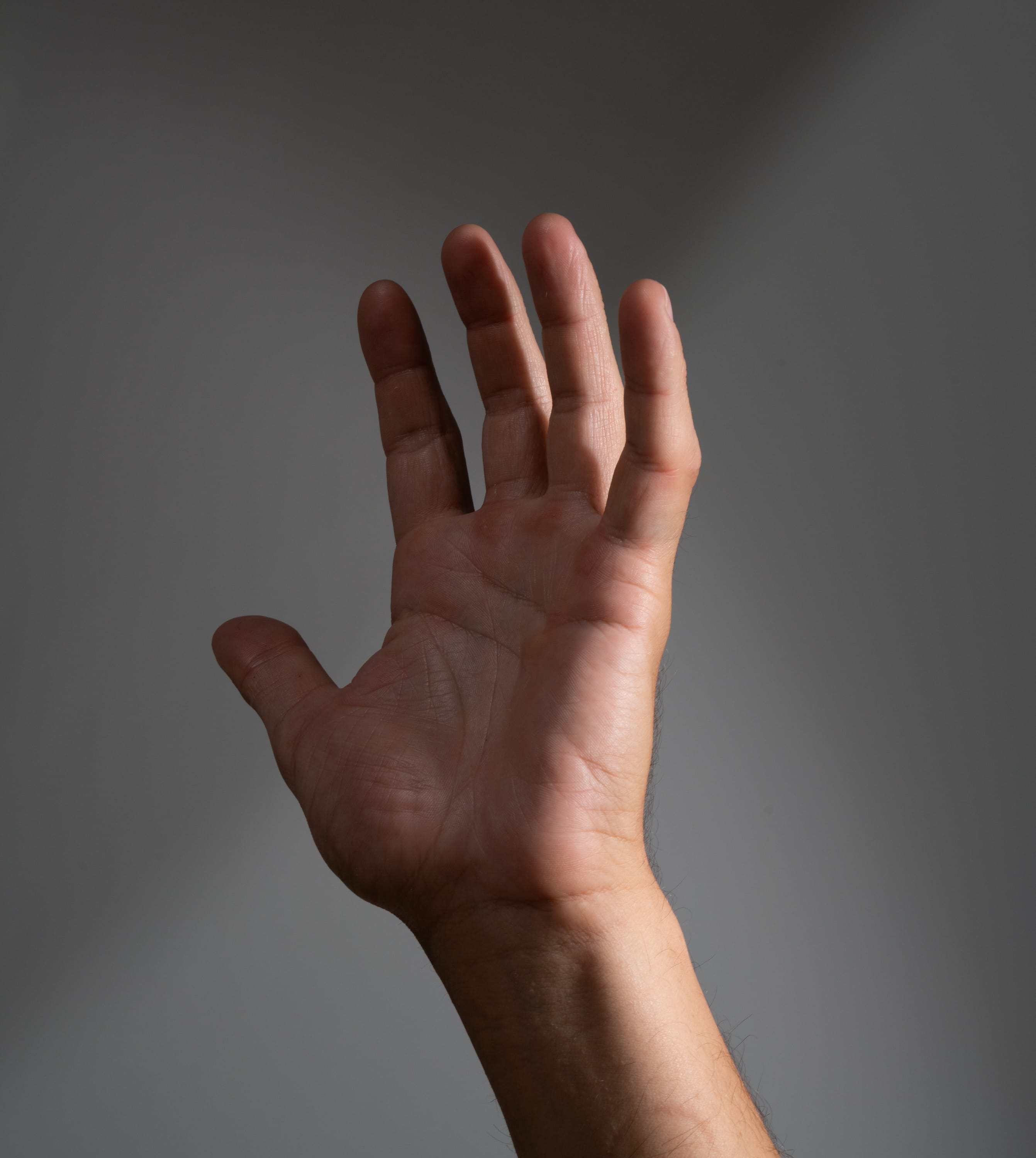 a man's hand is extended upward against a gray background. the hand is illuminated by bright studio lighting, creating distinct shadows on the wall.