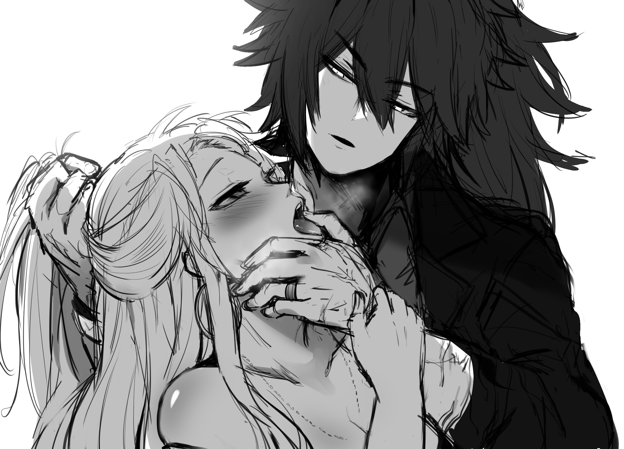 a black and white sketch of an anime couple, drawn in a manga style, with a man with dark hair and a woman with long blonde hair. the man is holding the woman's head with his left hand, and his right hand is around her