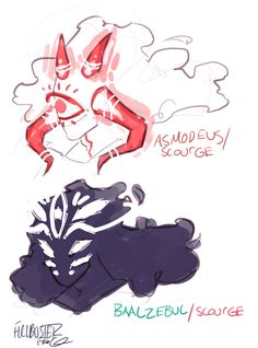 this image features two sketches of demon characters, asmodeus and baalzebul. asmodeus is depicted with white hair, red horns, and a red facial marking. baalzebul is depicted with dark, shadowy features and glowing white eyes. both characters appear to be stylized interpretations of demons.