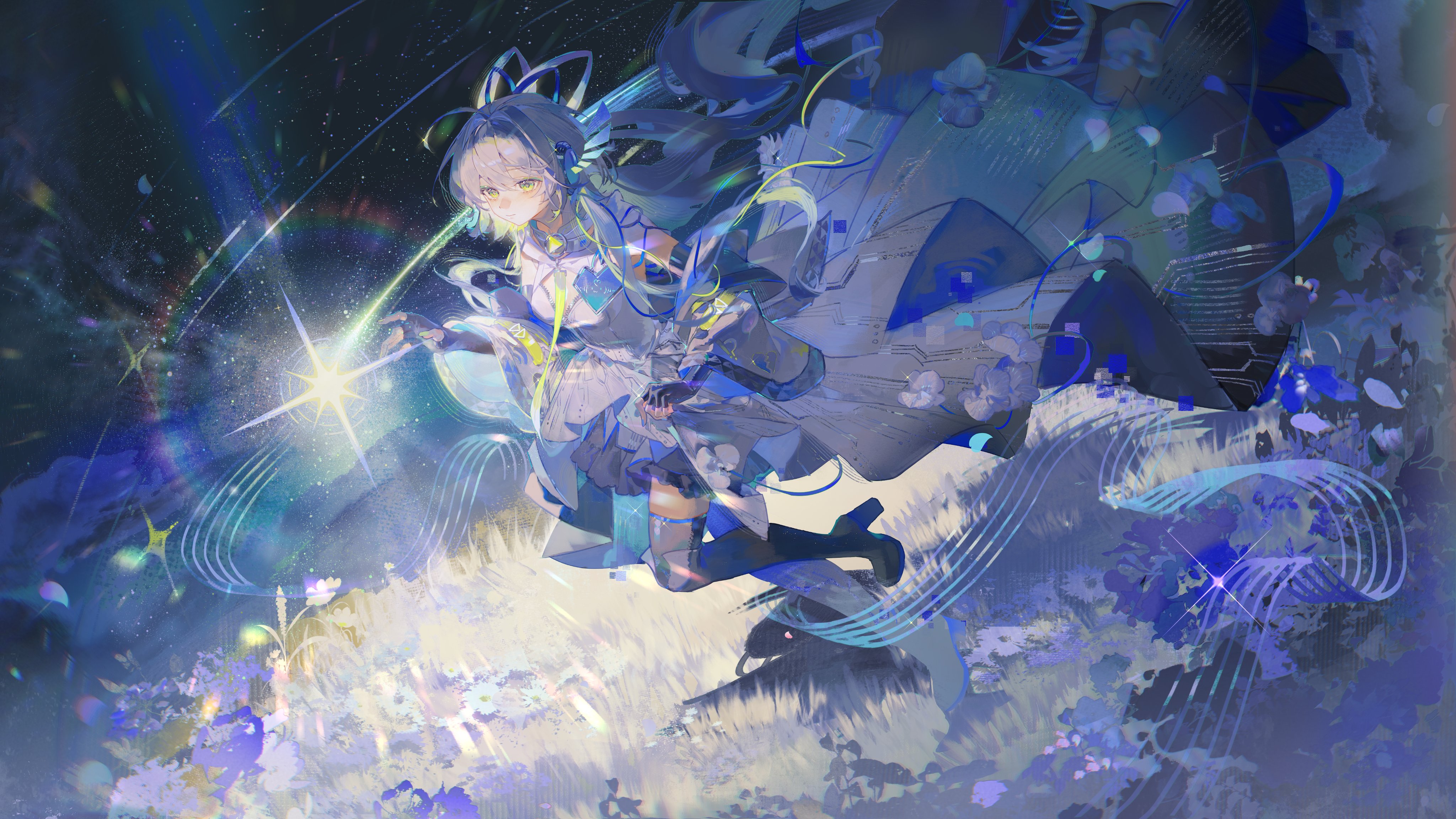 he image is a digital painting of an animestyle girl with long, flowing blue hair. she is wearing a white dress and is holding a glowing starlike object. the background is a mix of dark blue and light purple colors with stars and abstract shapes that appear to be musical notes. the overall style is dreamy and ethereal. the girl's expression is serene and peaceful. the image suggests a magical or fantastical setting.