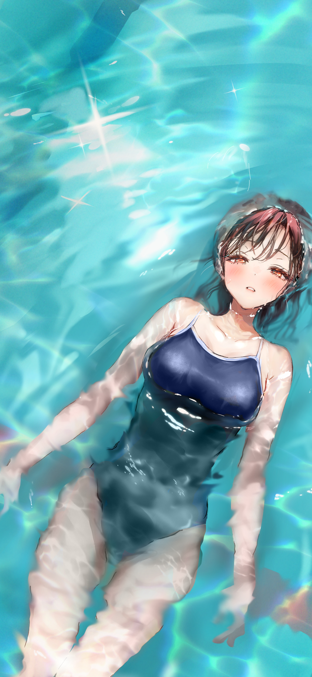 the image is a digital painting or illustration of a young anime girl with long brown hair, floating peacefully in a swimming pool. she is wearing a dark blue onepiece swimsuit and appears relaxed and serene. the water is depicted with a shimmering, light blue effect, suggesting a bright and sunny day. the overall style is soft, dreamy, and aesthetically pleasing, typical of anime art. the focus is on the girl and her peaceful expression.