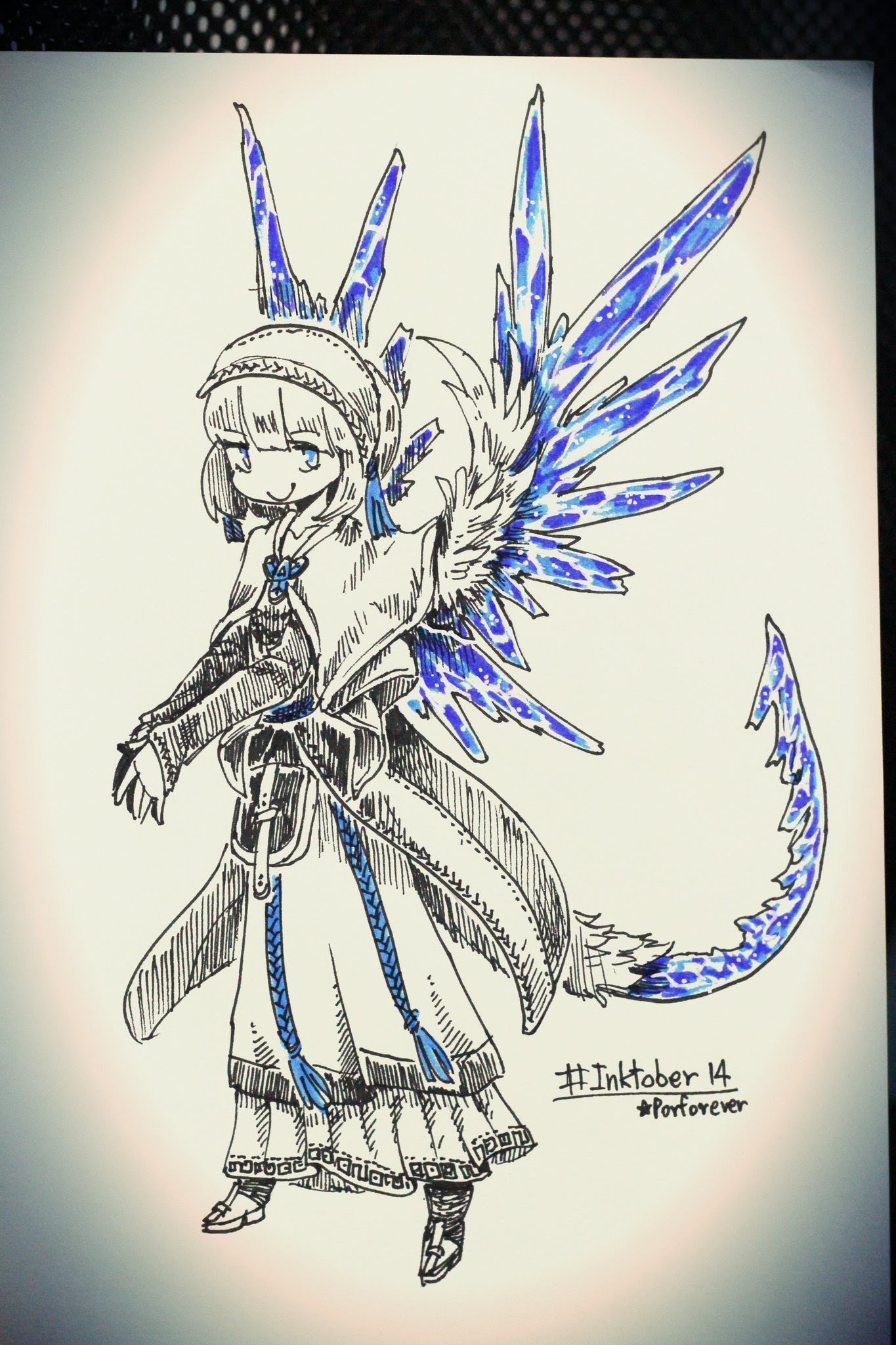 an ink drawing of a female character with blue and white wings. she is wearing a long white dress, with a blue sash, and her hair is tied back. the