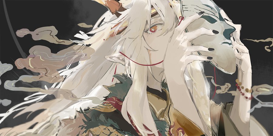 a digital art piece featuring an anime character. the character is male, has white hair and horns, and is wearing a mask in his hand. he has a red string tied to his wrist, he is also wearing gold and black clothing. there is a faint glow around him and a dark background with white smoke.