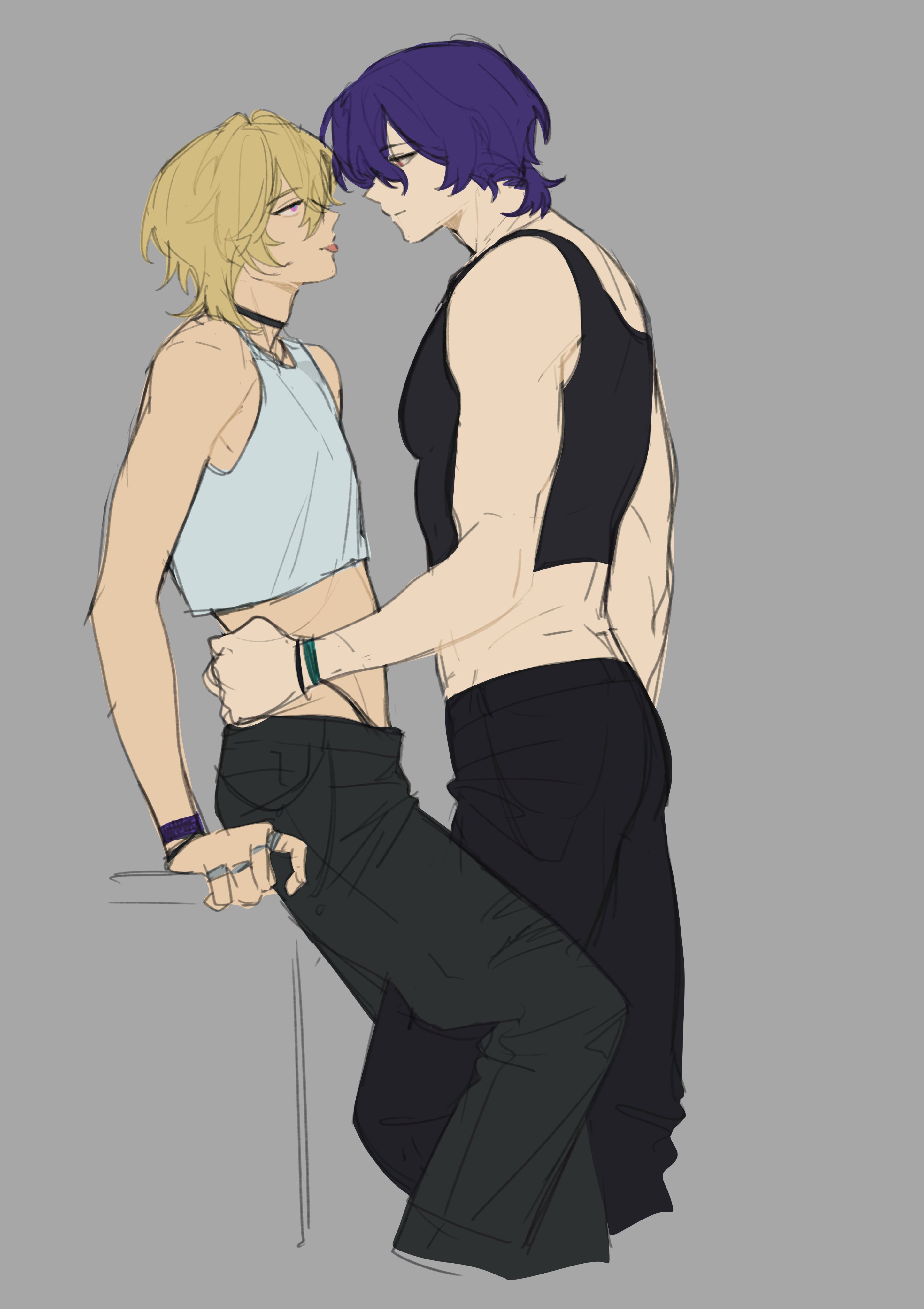 an anime drawing of two men with dark hair and blonde hair standing face to face. the man with the blonde hair is sitting on the edge of a flat, waisthigh surface. the darkhaired man is standing, caressing the man with the blonde hair with his left hand. he has his right hand on the other's hip. both men are wearing dark colored pants and cropped tank tops, both are wearing bracelets. they look at each other affectionately.