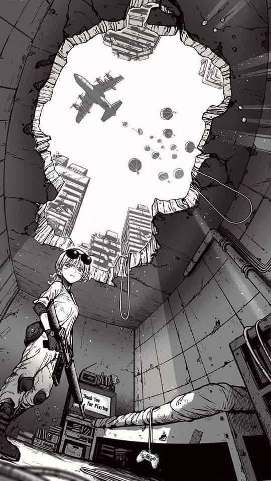 the image is a panel from a manga, rendered in stark black and white. it depicts a postapocalyptic or dystopian urban setting. a large hole in the ceiling of a dilapidated building reveals a cityscape under attack or undergoing some kind of aerial supply drop.  parachutes are visible drifting down from the plane in the sky.  a young, female soldier, armed with a rifle, stands in the damaged room.  in the background a body lies on a bed, possibly dead. a video game controller is on the floor near the bed,  and a screen displaying "thank you for playing" is visible near the bed. the overall atmosphere is grim and dramatic, emphasizing the desolate and violent nature of the world. the art style is highly detailed with heavy use of shadows and contrast.