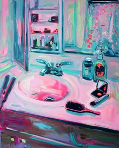 a colorful abstract painting depicting a bathroom scene. the focal point is a pink sink with a turquoise faucet. there is a cabinet above the sink with a mirror and toiletries inside. on the countertop, there is a brush, makeup, and a bottle of toiletries. the colors are bright and vibrant, and the overall effect is one of energy and movement.