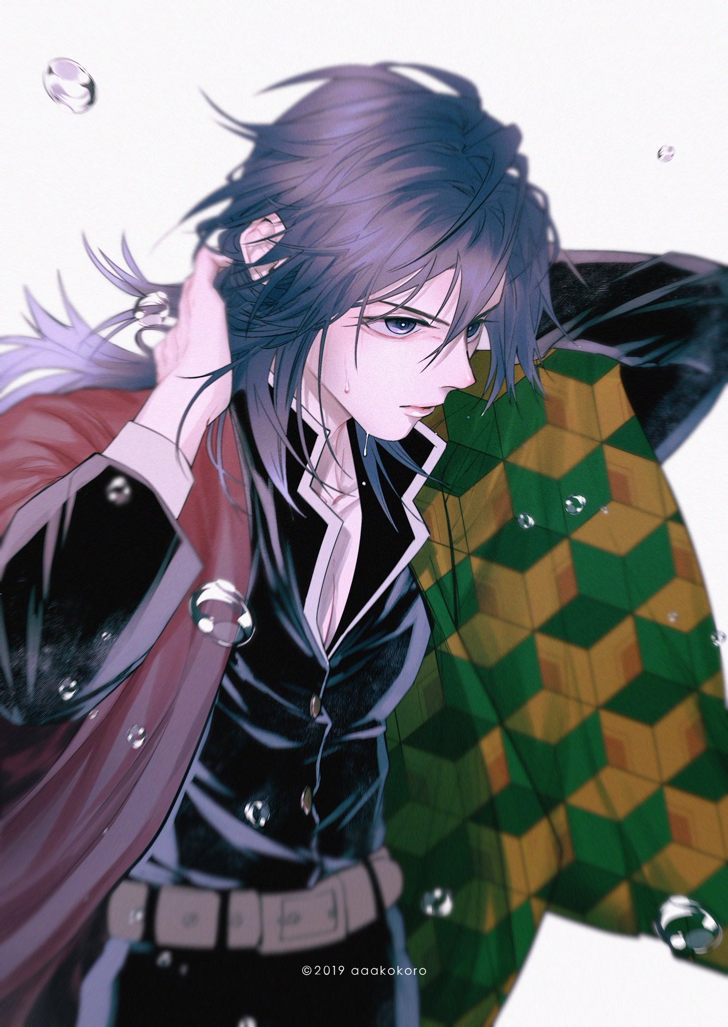 an anime boy with long, dark purple hair, is shown putting on his green and yellow checkered haori jacket. he is wearing a black uniform and a black belt. the scene is set outdoors, and it appears to be raining, as evidenced by the water droplets in the air.  the lighting is soft and diffused. the overall style of the image is reminiscent of anime and manga.