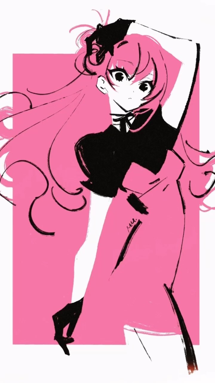 an anime girl is shown in a fashion drawing. she has long pink hair that falls over her shoulders and black clothing, with a pink background. the style is sleek and sophisticated.