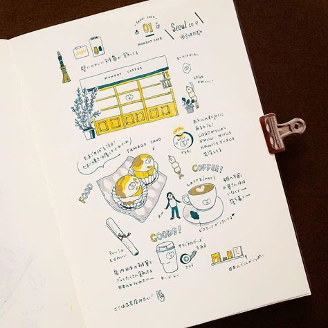 a handdrawn sketch of a cafe in seoul, south korea, with notes about the cafe, the food, and the goods. the sketch is very detailed and includes a lot of cute and whimsical details. the cafe is called "moment cafe" and is located in seoul. the sketch includes drawings of the cafe's exterior, interior, food, coffee, and goods. it also includes text about the cafe, such as the prices of the food and drinks, the location of the cafe, and the hours of operation. the sketch is a great example of how to use drawing to document your travels and experiences.