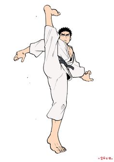 the image shows a man in a white karate uniform with a black belt, executing a powerful kick with his right leg. his left leg is firmly planted on the ground, and his body is tilted forward as he concentrates on his move. the man's face shows determination and focus, highlighting the intensity and discipline required for this martial art.