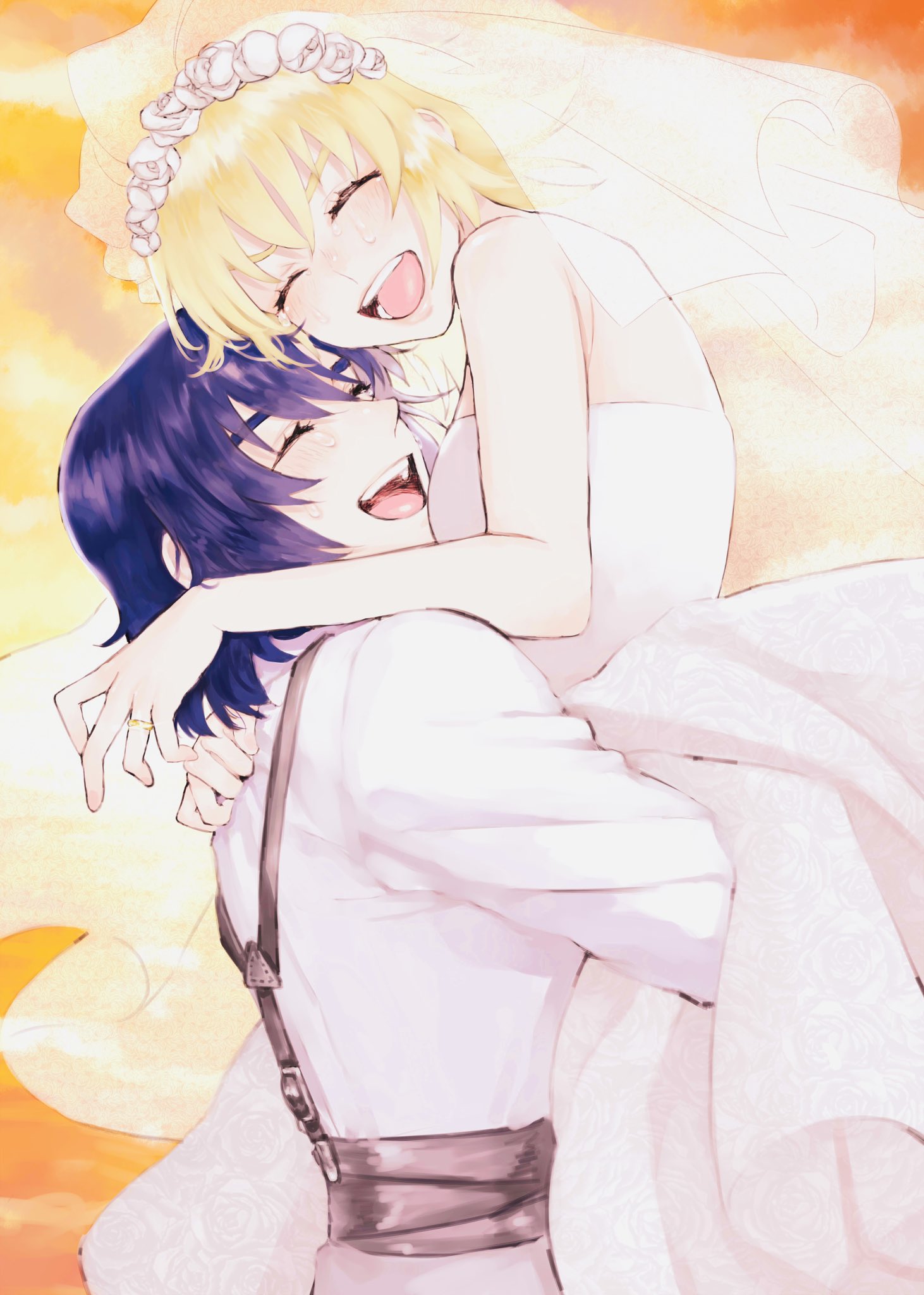 the image depicts an anime couple getting married. the bride is wearing a white wedding dress with a veil and flower crown. the groom is wearing a white suit. they are hugging and smiling at each other. the background is a light yellow and orange color with some white clouds.