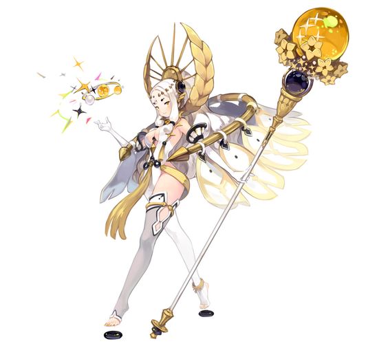 an animestyle girl character wearing a white and gold dress and a halo with a staff in hand, she is surrounded by bright light. the staff has a large yellow orb on top. the girl has white hair and a long white dress. she is standing on a white background.