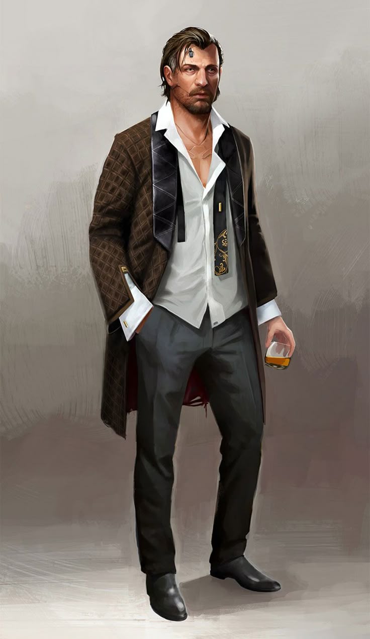 an illustration of a man standing, wearing an outfit consisting of a long brown coat with diamondshaped patterns and a red interior, an unbuttoned white shirt with a black tie, gray pants, and black dress shoes. he has facial hair, a scar on his cheek, and a mark on his forehead. he holds a drinking glass containing an alcoholic beverage. the background is a simple, lightcolored wall.