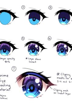 t is a tutorial showing how to draw an anime eye in 7 steps. the first 6 steps are just individual eye parts, and the final step brings all the parts together and adds details such as eyebrows.