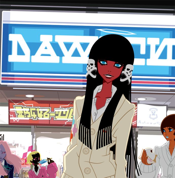 the image is a digital illustration of a woman with black hair and red skin. she's wearing a white jacket and a black top and has large, skullshaped earrings. the woman is standing in front of a store with a blue sign that says "daw", possibly a japanese word. there are other cartoon people in the background. the image is stylized and uses bright colors and bold lines.