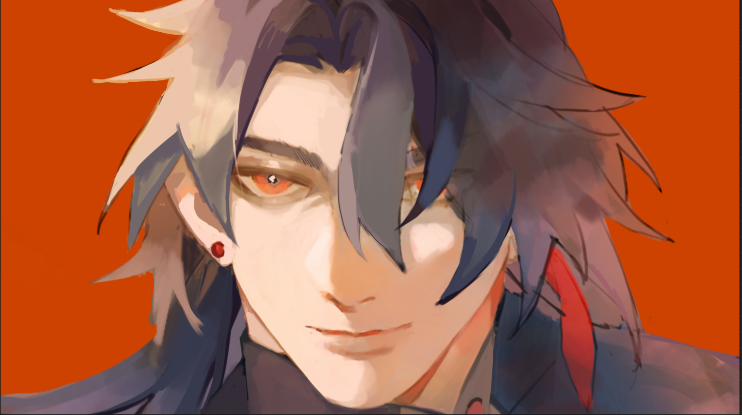 this is a digital illustration of a young male anime character with long black hair and red eyes. he is wearing a red earring and is smirking. the background is a solid orange. the image is in a portrait style.