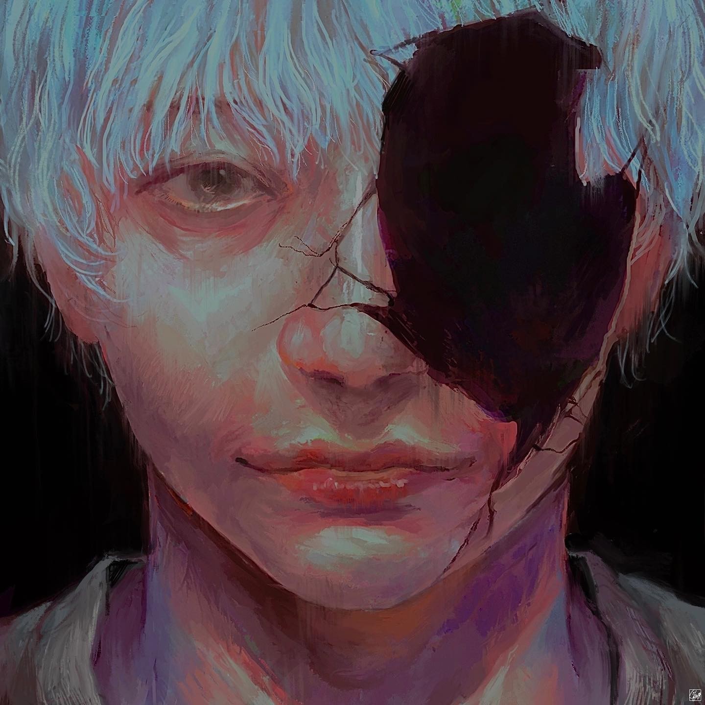 the image is a digital painting or illustration of a young man with pale skin and white or light blue hair. his face is partially obscured by a dark, almost black eye patch that seems to be fused to his skin, with cracks and damage visible around it.  the style is reminiscent of anime or manga, with a focus on emotional expression and painterly detail. the overall mood is somber and slightly mysterious. the background is dark, focusing attention on the figure's face and the texture of his skin.  the style uses soft brush strokes with visible texture in the colors.