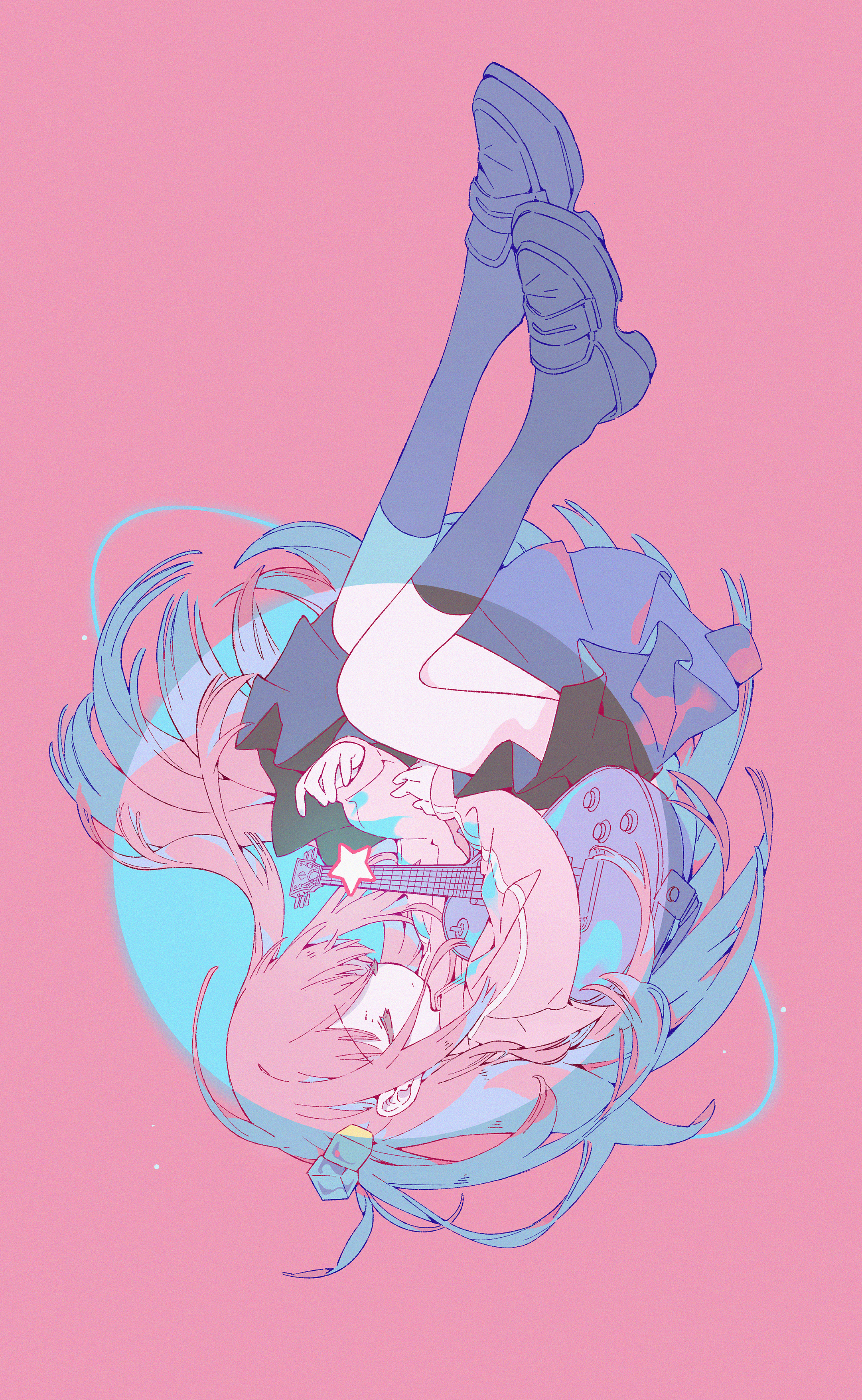 he image is a digital illustration of an animestyle girl with long pink and blue hair falling or floating upside down. she is wearing a darkcolored outfit and shoes, and seems to be holding a guitar. the background is a light pink, with a circle of light blue around the girl. the overall style is pastel and dreamy, with a whimsical and slightly abstract feel. the girl's expression is serene, and her pose suggests a sense of weightlessness and freedom. the image is visually striking and wellexecuted, with a distinct style that combines elements of anime, manga, and digital art.