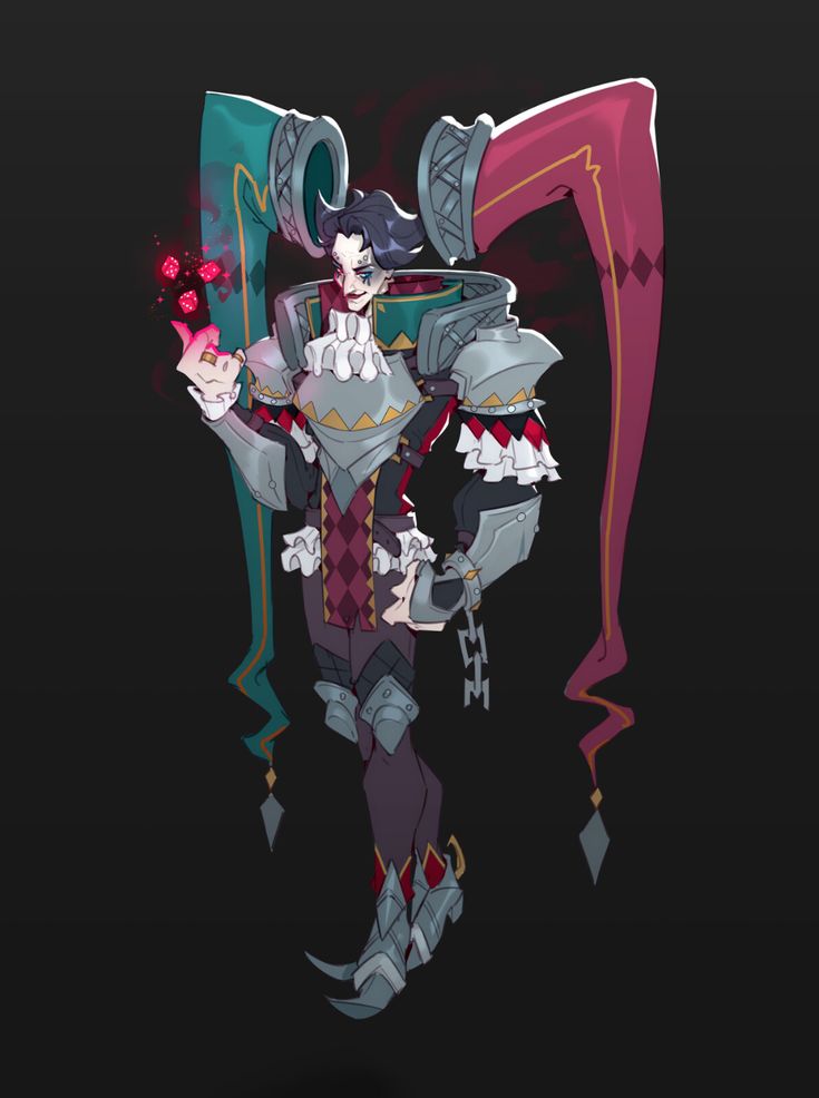 a digital illustration of a jester or clown character. the character is wearing an armored costume with red, green, and purple elements. they have red eyes and a sinister smile. the background is dark and the character is illuminated by a light coming from the front. the art style is anime or mangainspired, featuring stylized features and bold colors. the character's design is intricate and elaborate, conveying a sense of whimsy and danger.