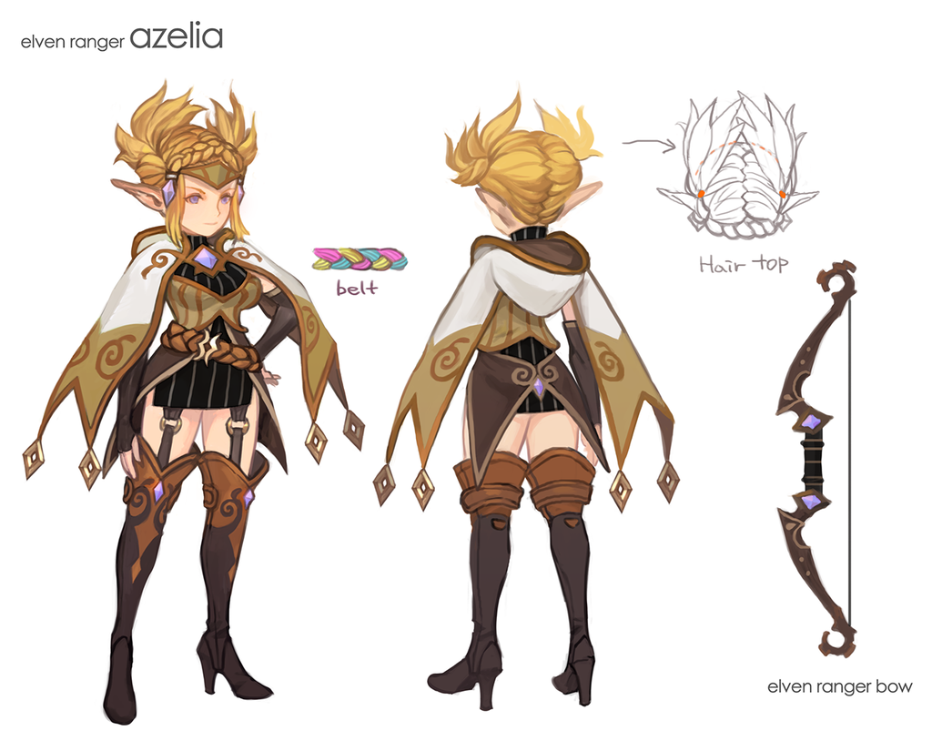 this is a character design for an elven ranger named "azelia." the image shows a fullbody illustration of azelia from the front and the back, as well as closeups of her hair and her bow. azelia is a young woman with long, blonde hair that is styled in a braid. she is wearing a brown and gold outfit that includes a long, flowing robe, a belt with a buckle, boots, and gauntlets. she also carries a bow and arrow. the design is in a style that is similar to anime and manga, with large eyes, flowing hair, and exaggerated features.
