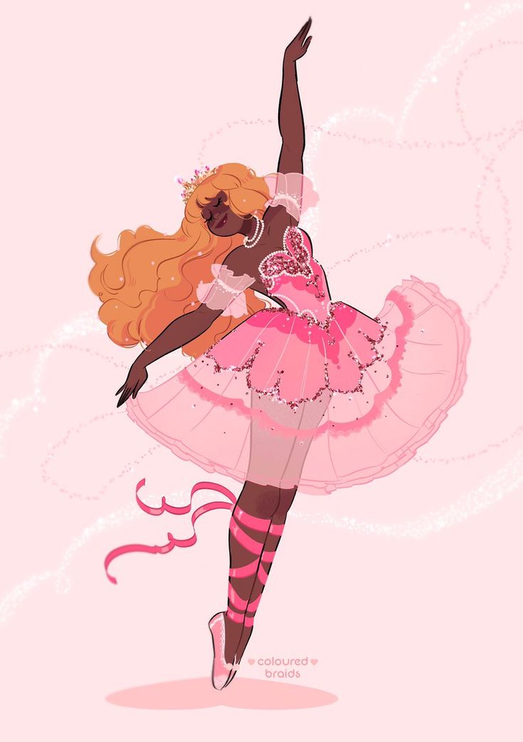a ballerina wearing a pink tutu and pink shoes is twirling in midair. she has long blonde hair and black skin. she is wearing a crown and a necklace. there is a pink ribbon around her ankle. the background is pink and sparkling. the text "coloured braids" is at the bottom of the image.